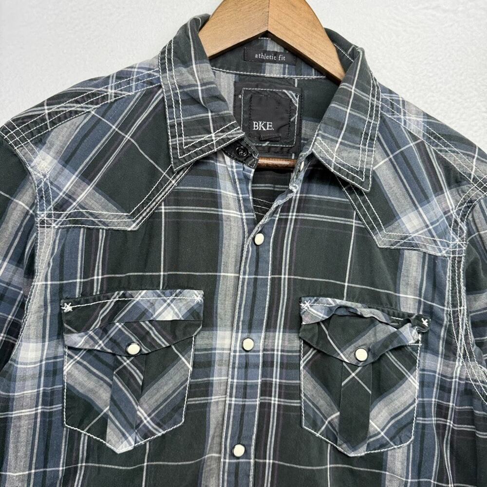 BKE Shirt Men's Medium Black Western Pearl Snap Grunge Cowboy Athletic Fit Biker